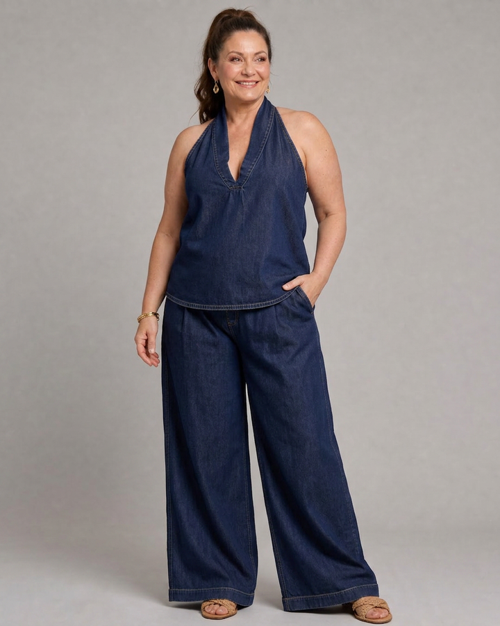 Opaline | Halterneck Denim Top og Bred Ben Bukser Sæt