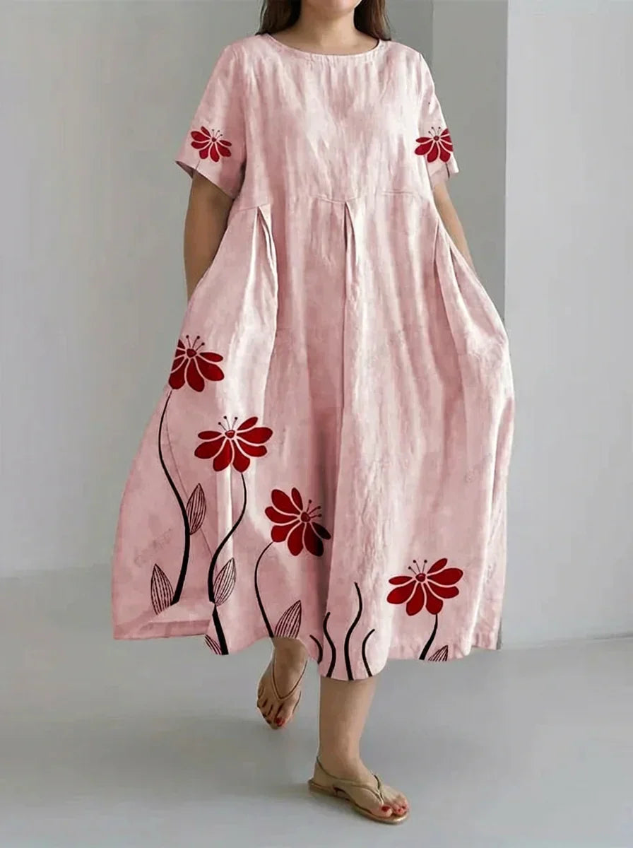 Oleander | Retro Botanisk Blomsterdesign Trykt Casual Løs Kjole