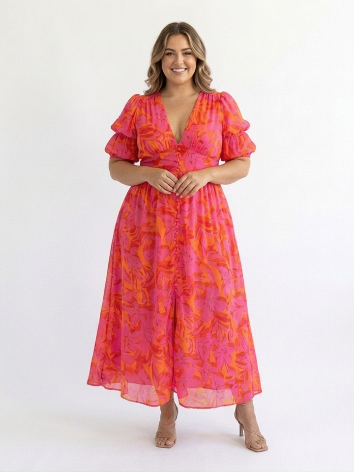 Beatrice | Blomster V-hals Puffærmet Midi Kjole