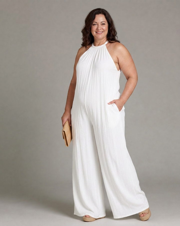 Wanda | Plisseret Halterneck Bred Ben Afslappet Jumpsuit