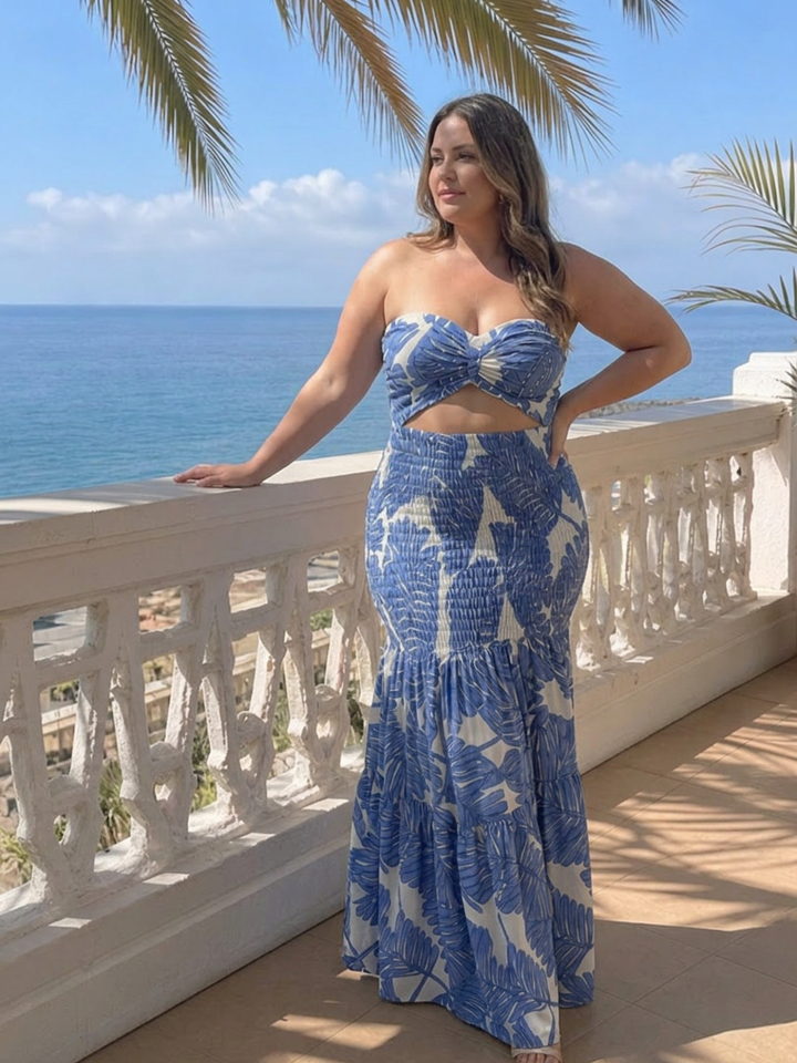Edith | Strapless To-delt Trykt Maxi Kjole Sæt
