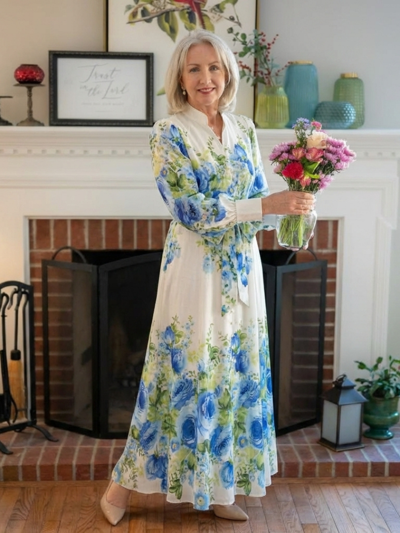 Laisa | Langærmet blomsterknap-front maxi kjole