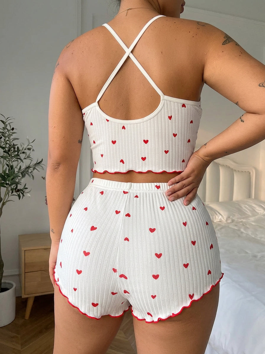 Yara | Hjerteprint Volang Trim Pyjamas Sæt