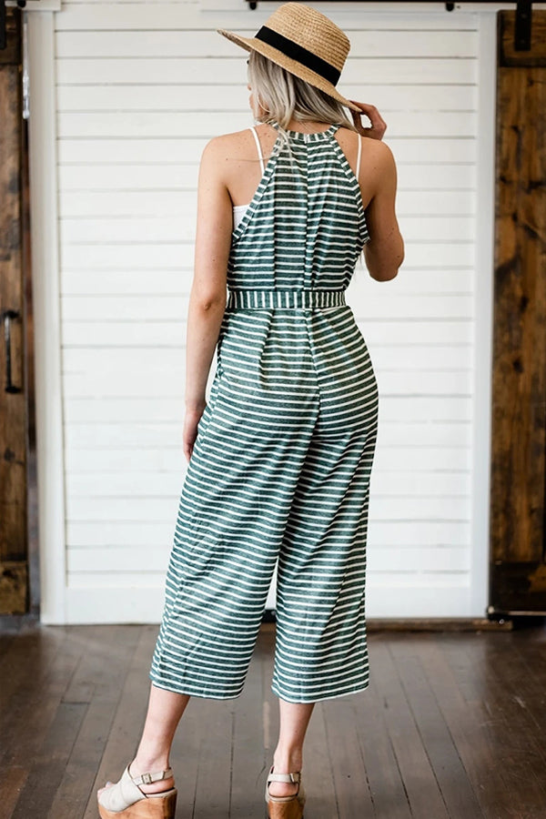 Olwen - Smuk Stribet Jumpsuit med Bindebånd i Taljen
