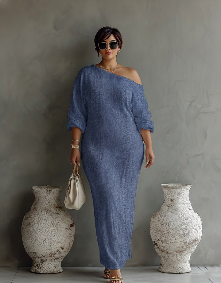Elegant Flydende Kjole i Elfenben Hvid med Off-Shoulder
