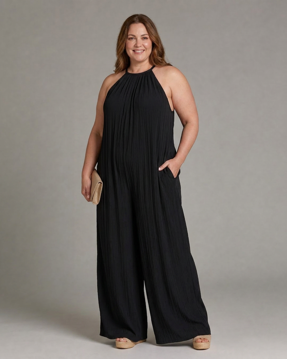 Wanda | Plisseret Halterneck Bred Ben Afslappet Jumpsuit