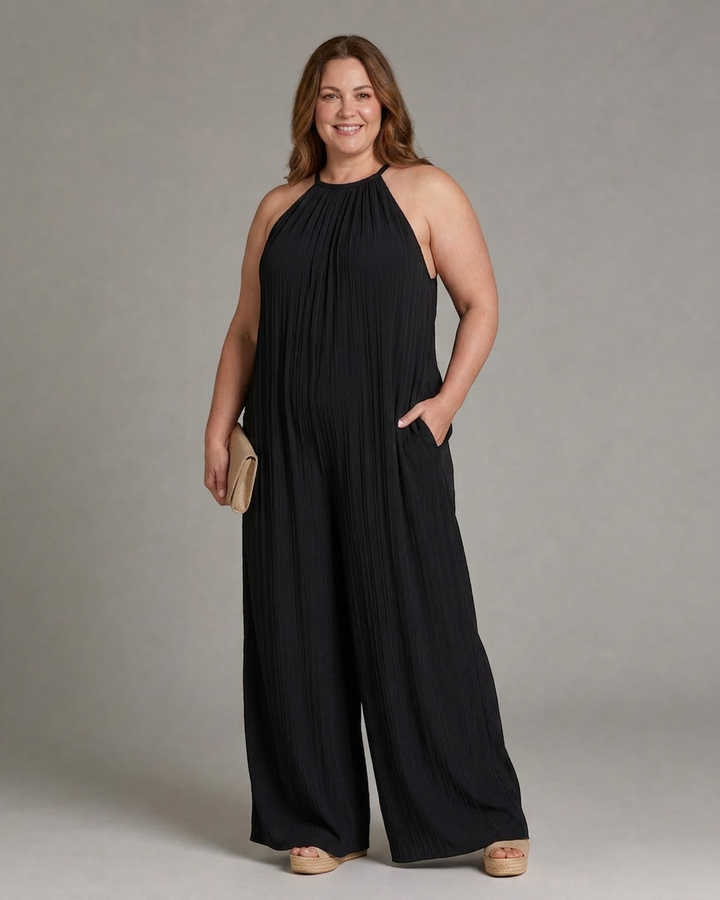 Wanda | Plisseret Halterneck Bred Ben Afslappet Jumpsuit