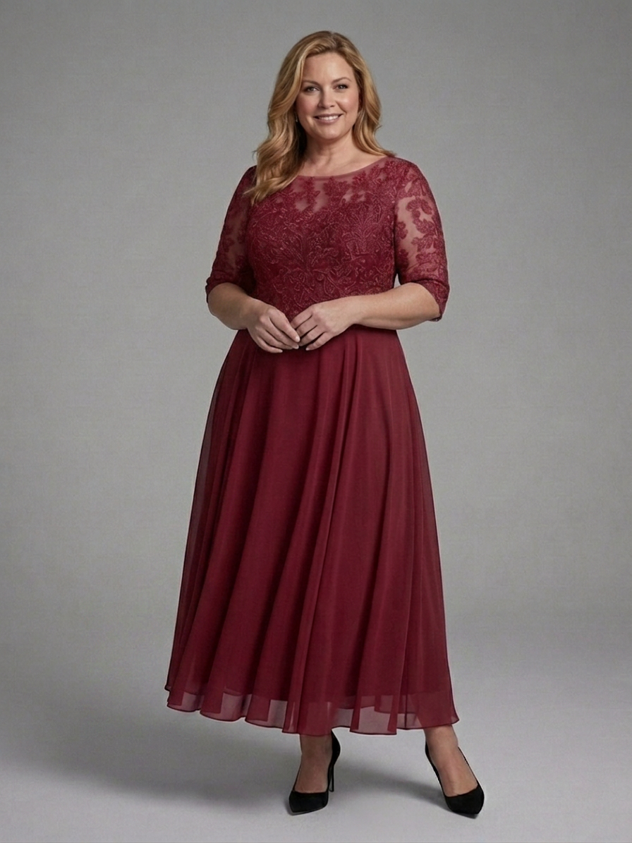 Anwen | Midi Kjole med Blonde Bodice og Gennemsigtige Ærmer