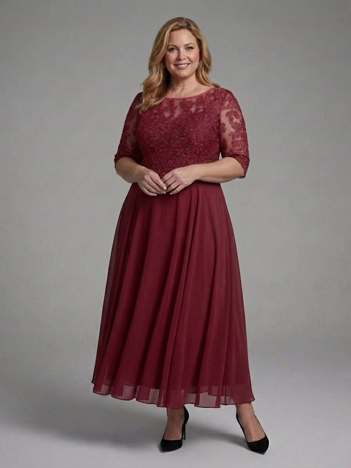 Anwen | Midi Kjole med Blonde Bodice og Gennemsigtige Ærmer
