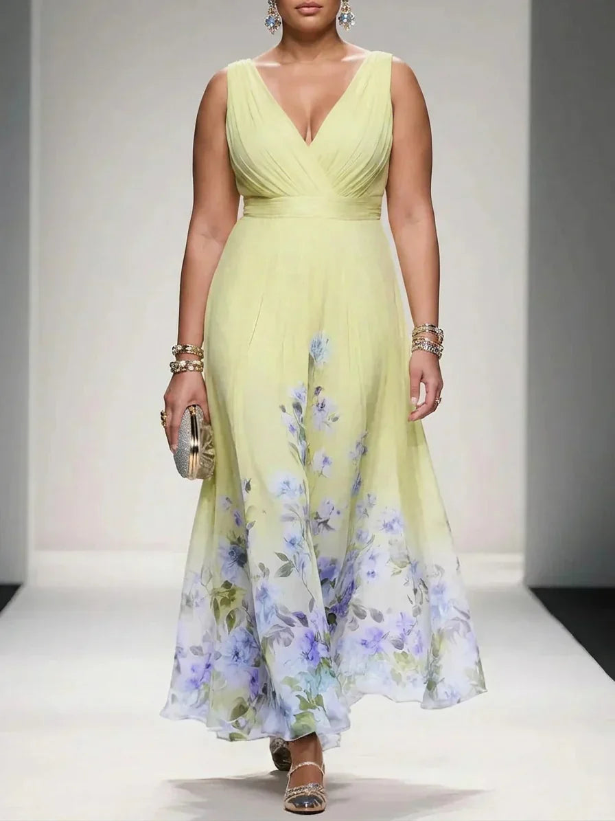 Salma | Lyseblå Blomster Chiffon V-Hals Maxi Kjole