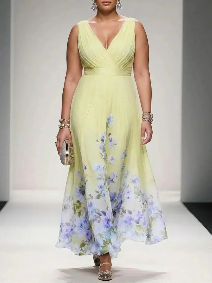 Salma | Lyseblå Blomster Chiffon V-Hals Maxi Kjole