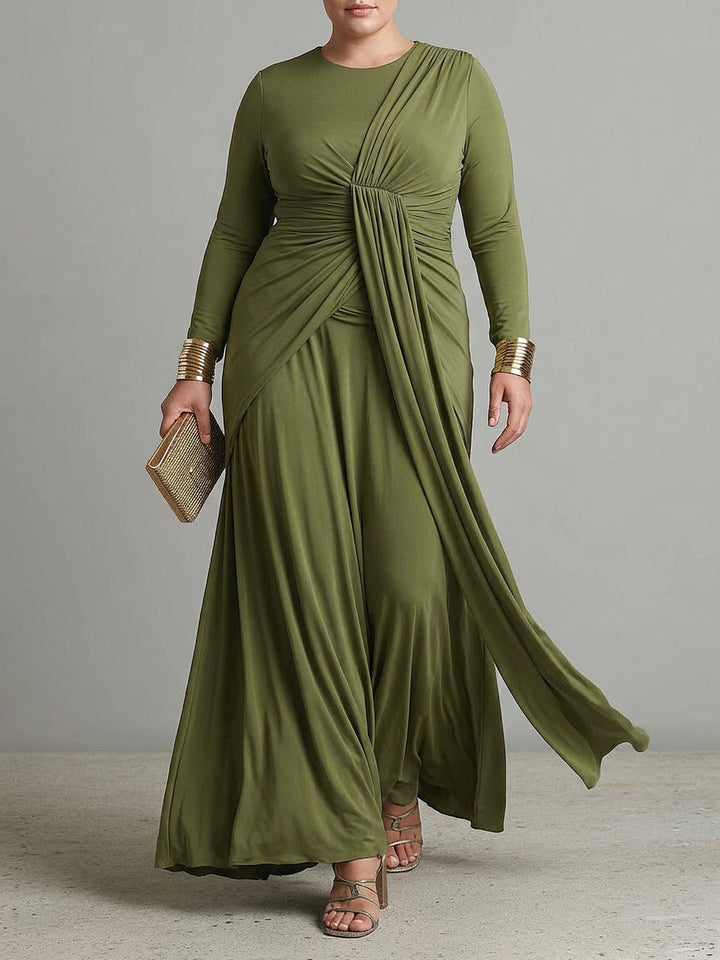 Petra Green Lang Kjole i Stretch Silke med Dybt V-Hals og Flæsedetaljer, Glamour Maxi Kjole