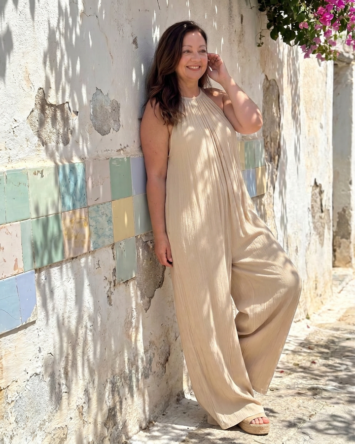 Wanda | Plisseret Halterneck Bred Ben Afslappet Jumpsuit