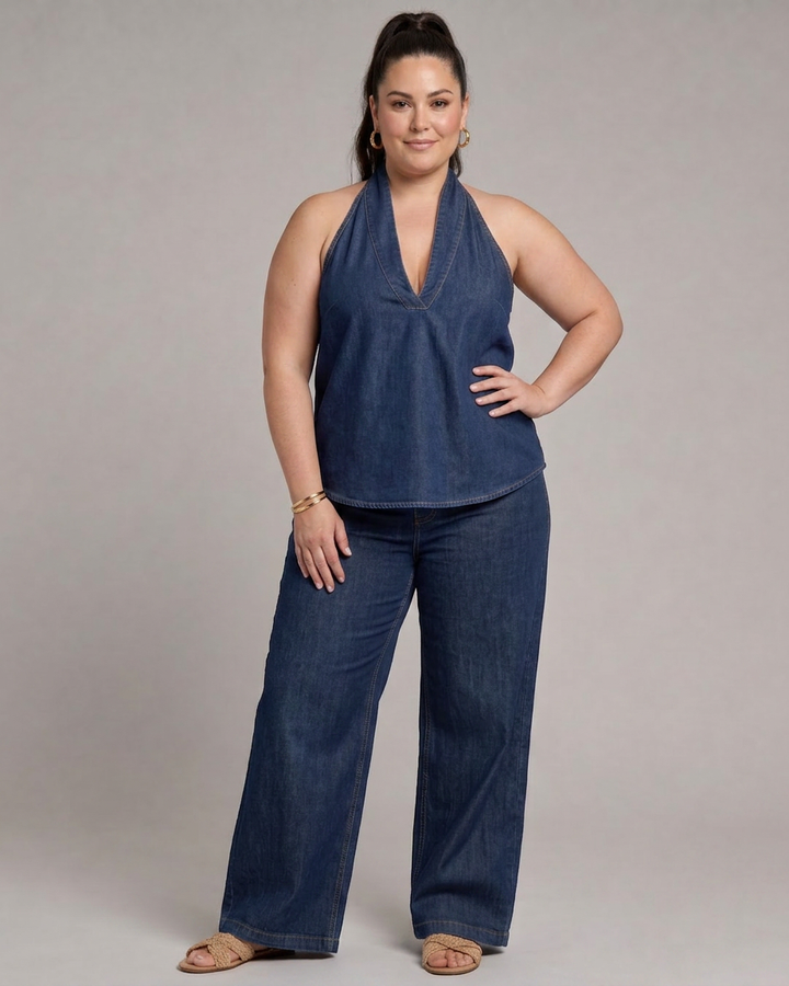 Opaline | Halterneck Denim Top og Bred Ben Bukser Sæt