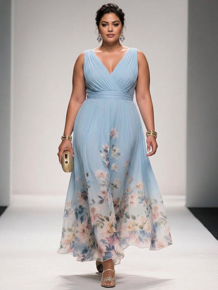 Salma | Lyseblå Blomster Chiffon V-Hals Maxi Kjole