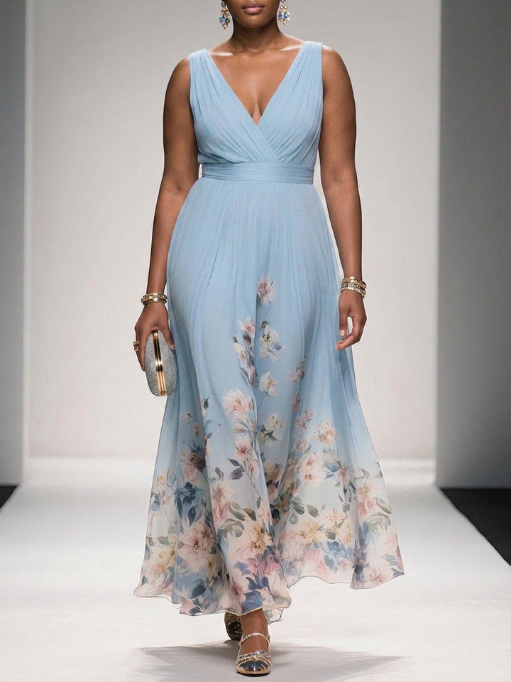 Salma | Lyseblå Blomster Chiffon V-Hals Maxi Kjole