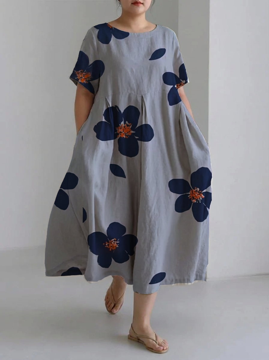 Jolie | Forårs- og Sommer Casual Løs Rund Hals Blomster Skirt Kjole
