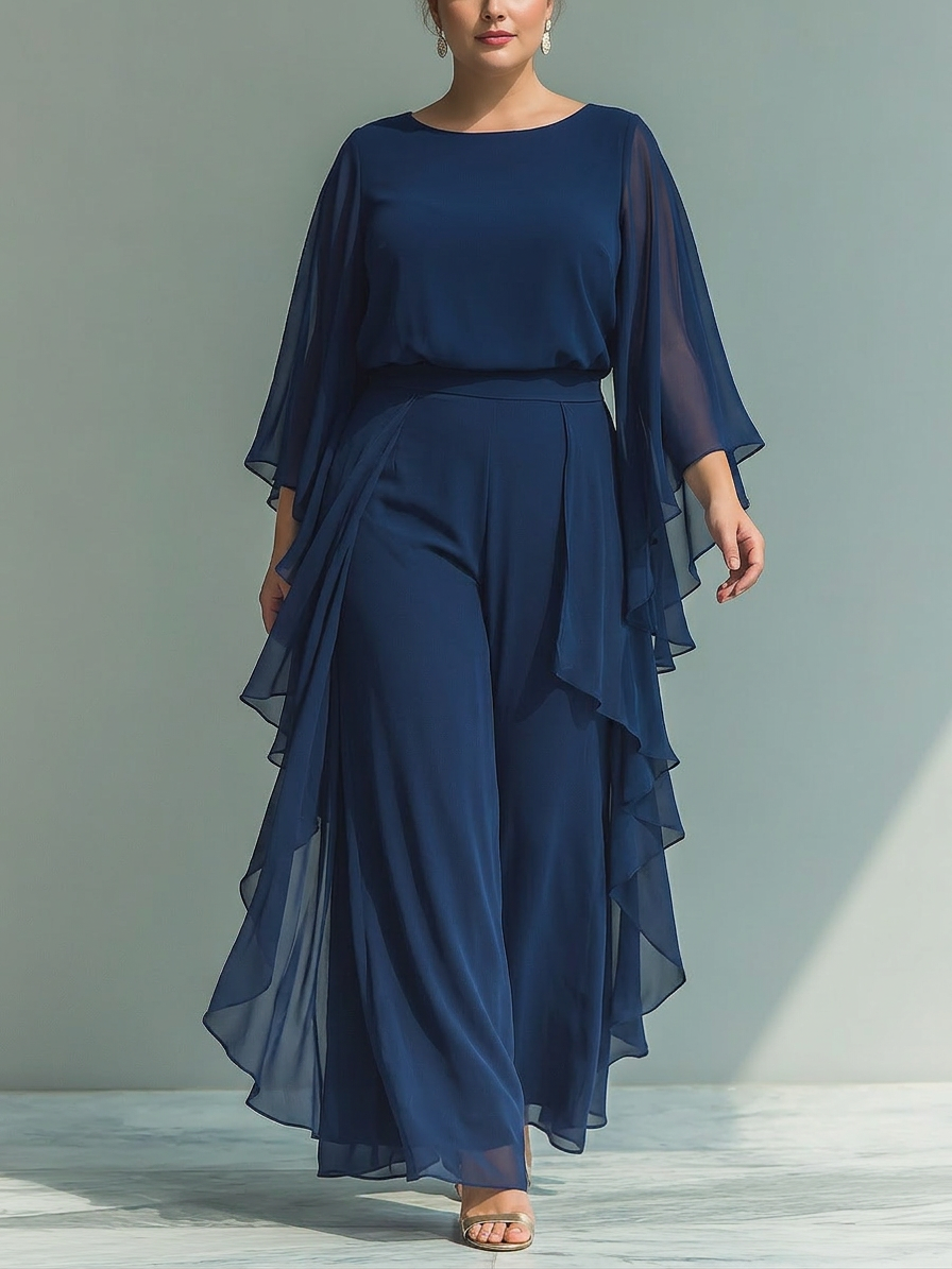Navy Blue Chiffon Top Sæt med Flared Ærmer og Lige Ben Bukser med Ruché Detaljer