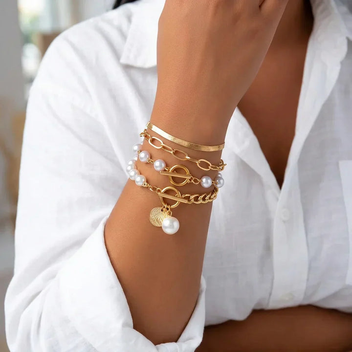 Fauna Gold 4-delt Armbåndsæt - Slange, Perler &amp; Links | Guld