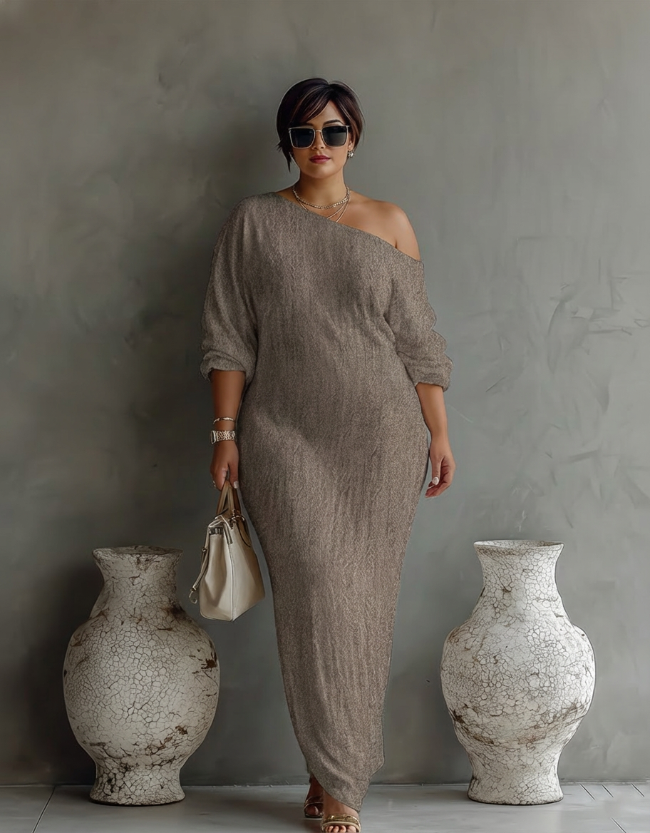 Elegant Flydende Kjole i Elfenben Hvid med Off-Shoulder