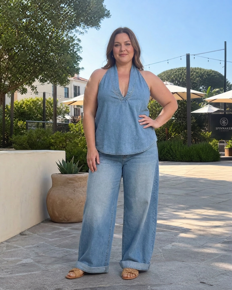 Opaline | Halterneck Denim Top og Bred Ben Bukser Sæt