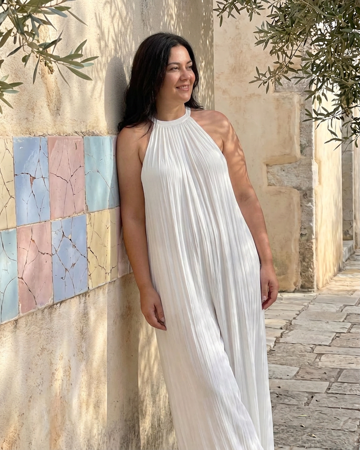 Wanda | Plisseret Halterneck Bred Ben Afslappet Jumpsuit