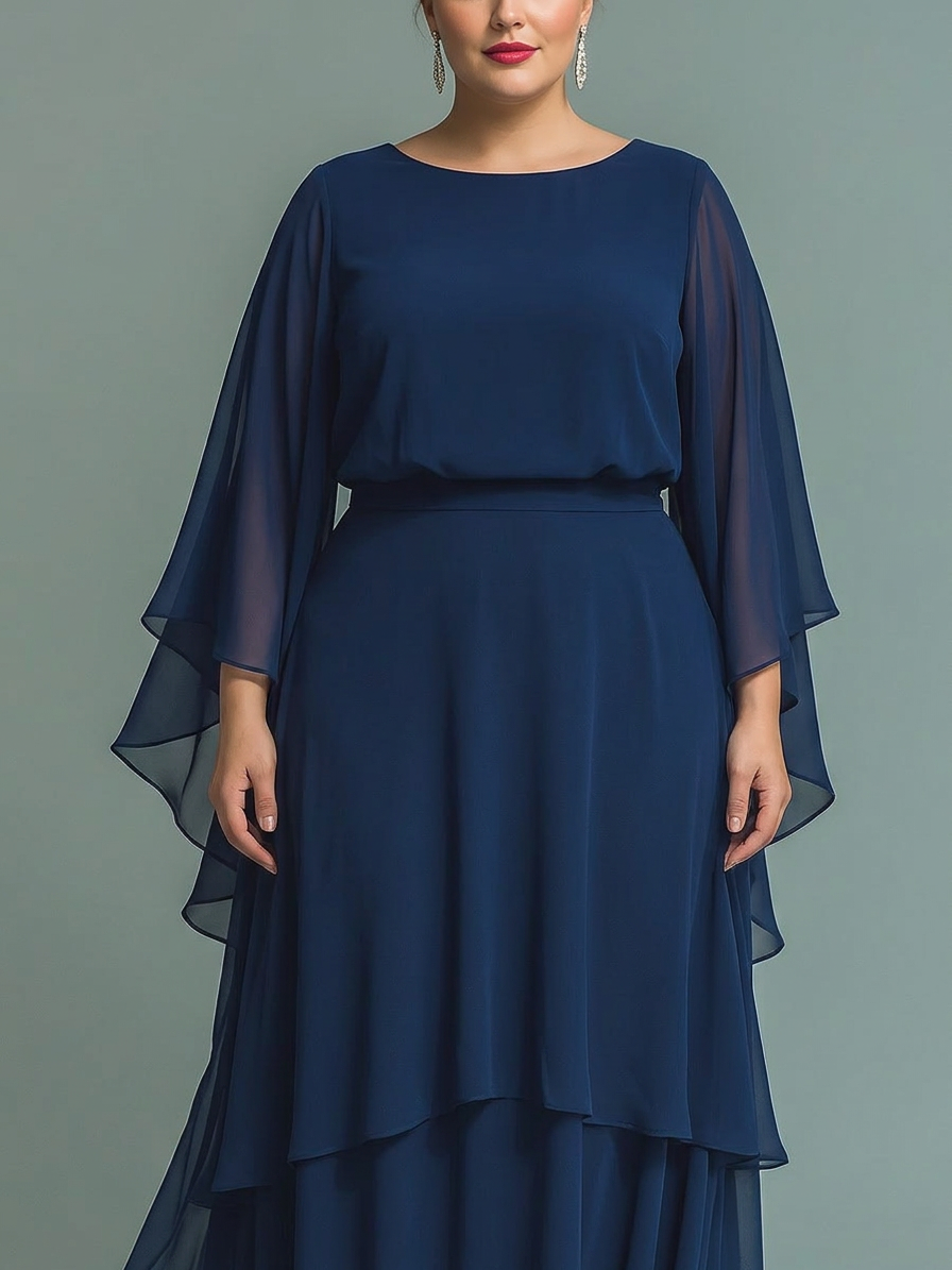 Navy Blue Chiffon Top Sæt med Flared Ærmer og Lige Ben Bukser med Ruché Detaljer