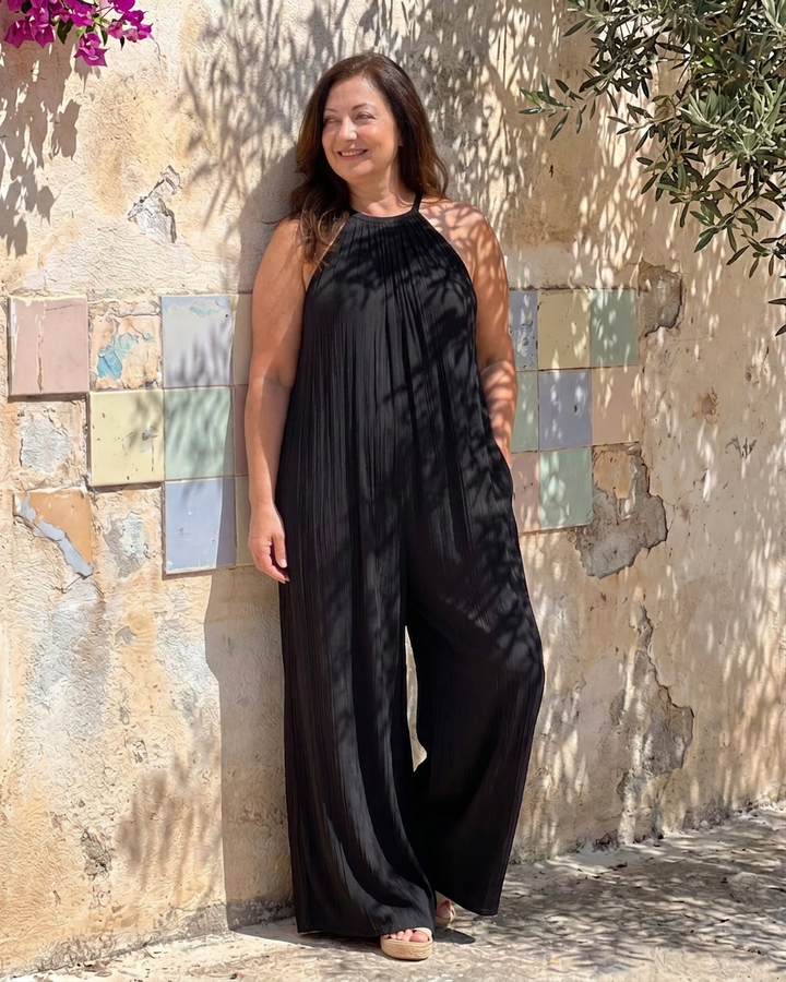 Wanda | Plisseret Halterneck Bred Ben Afslappet Jumpsuit