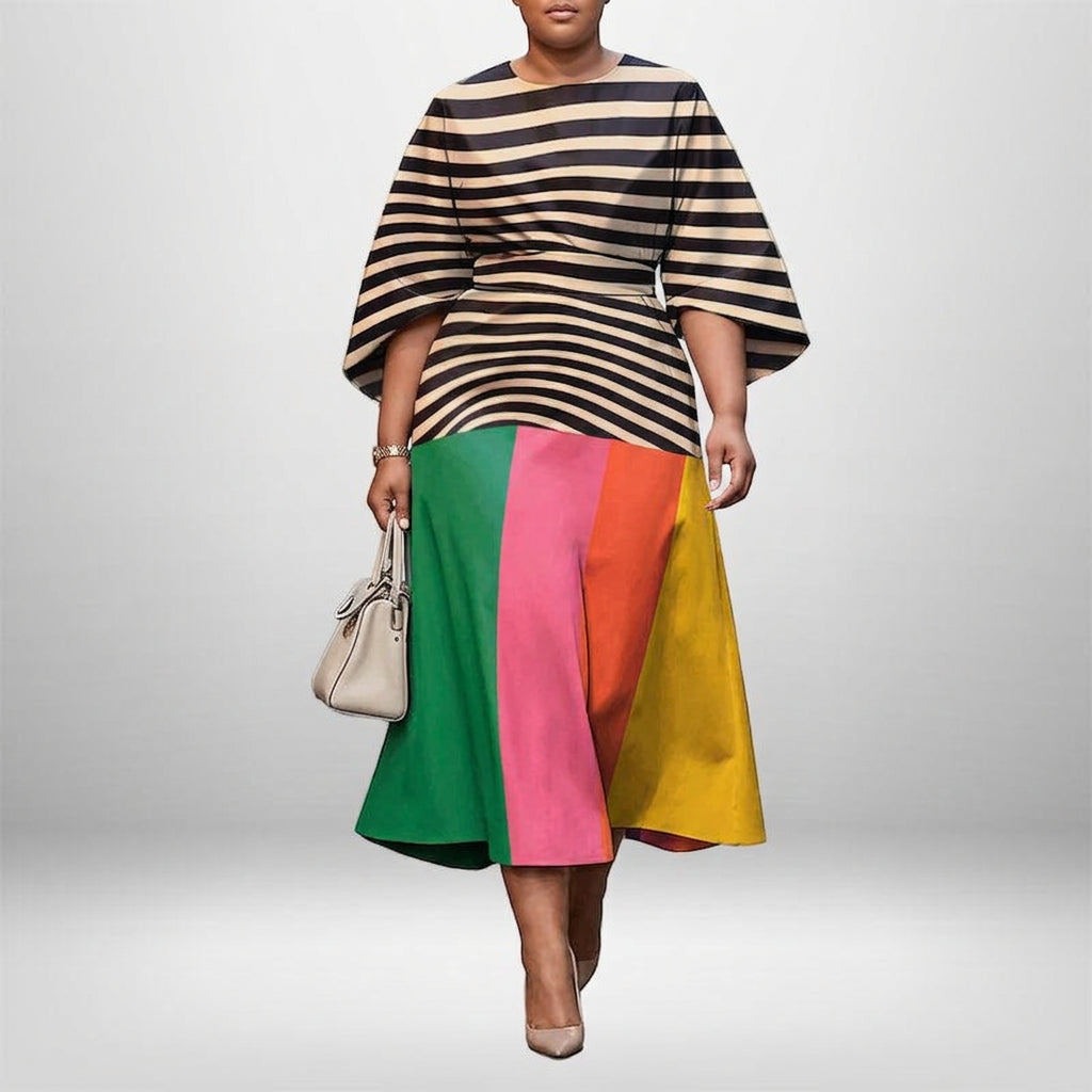 GREER | Stribet Colorblock Midi med Skulptureret Talje og Moderne Flair