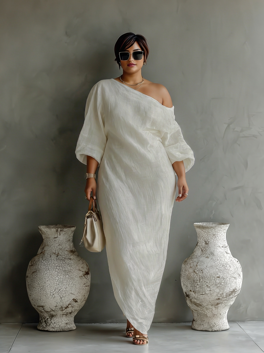 Elegant Flydende Kjole i Elfenben Hvid med Off-Shoulder
