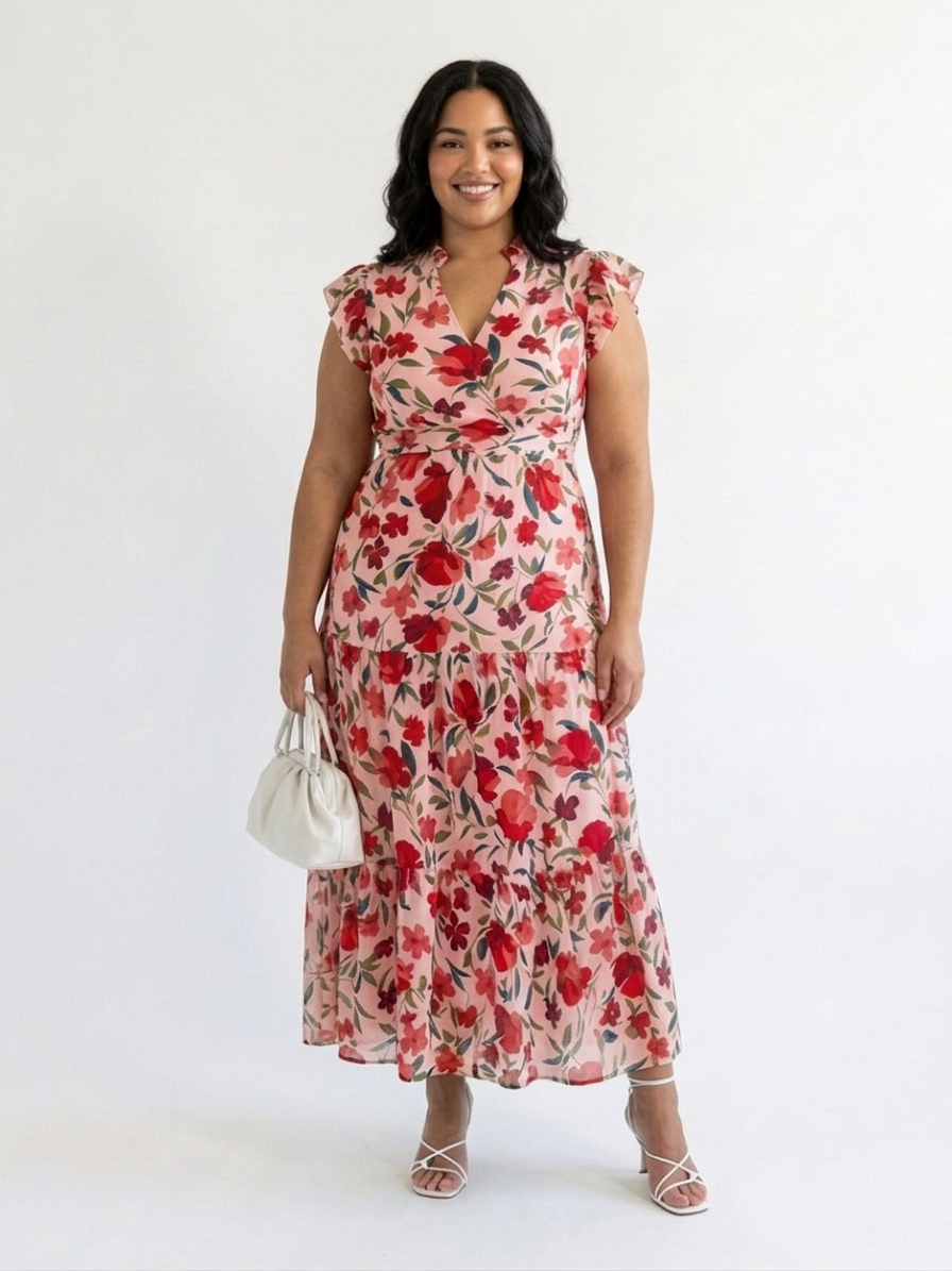 Theodora | Blomster V-Hals Lagdelt Midi Kjole
