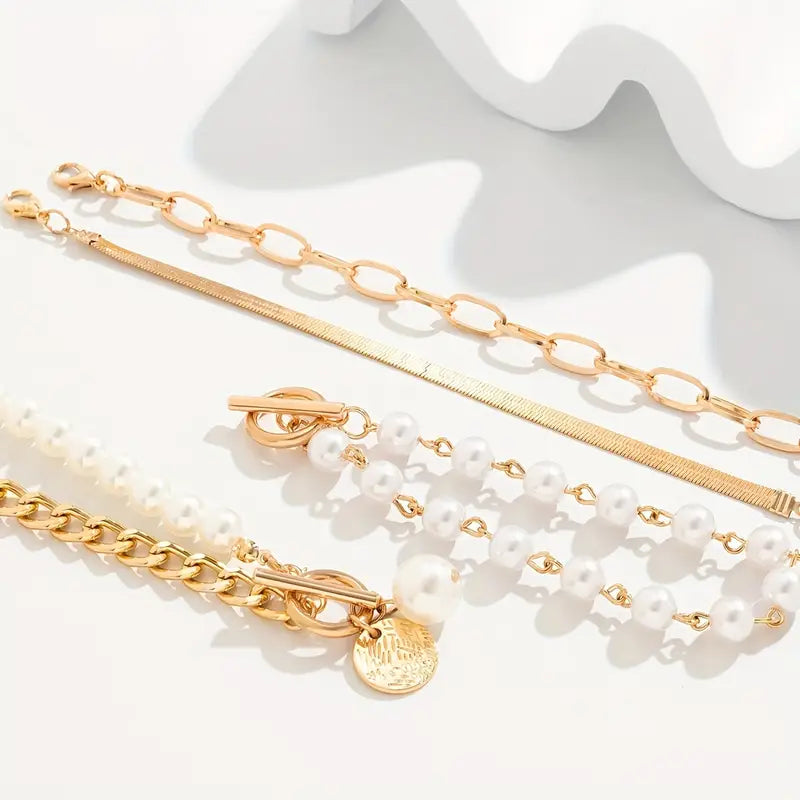 Fauna Gold 4-delt Armbåndsæt - Slange, Perler &amp; Links | Guld