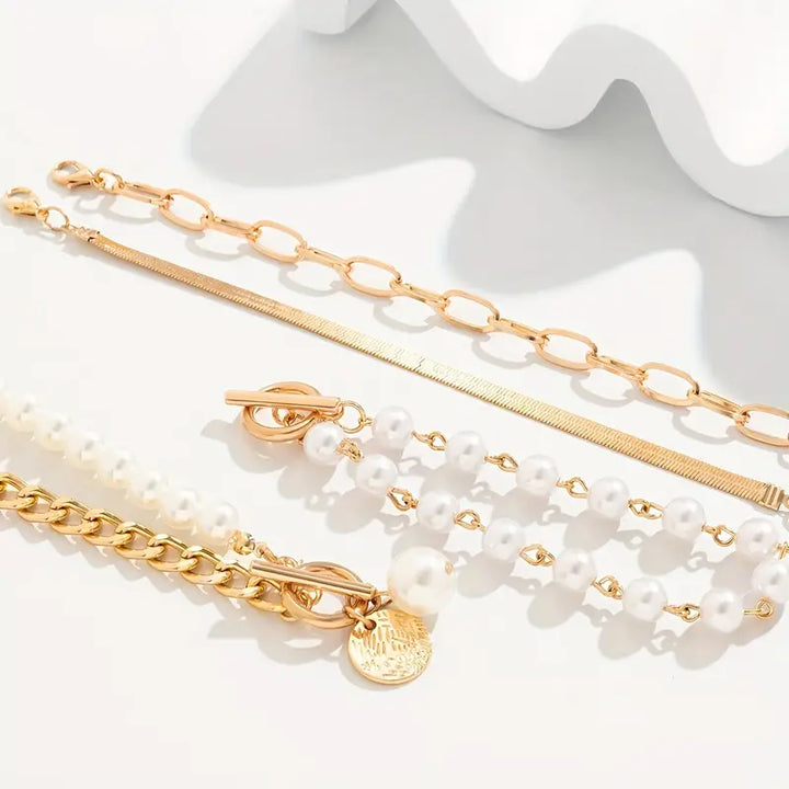 Fauna Gold 4-delt Armbåndsæt - Slange, Perler &amp; Links | Guld