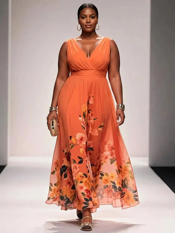 Salma | Lyseblå Blomster Chiffon V-Hals Maxi Kjole