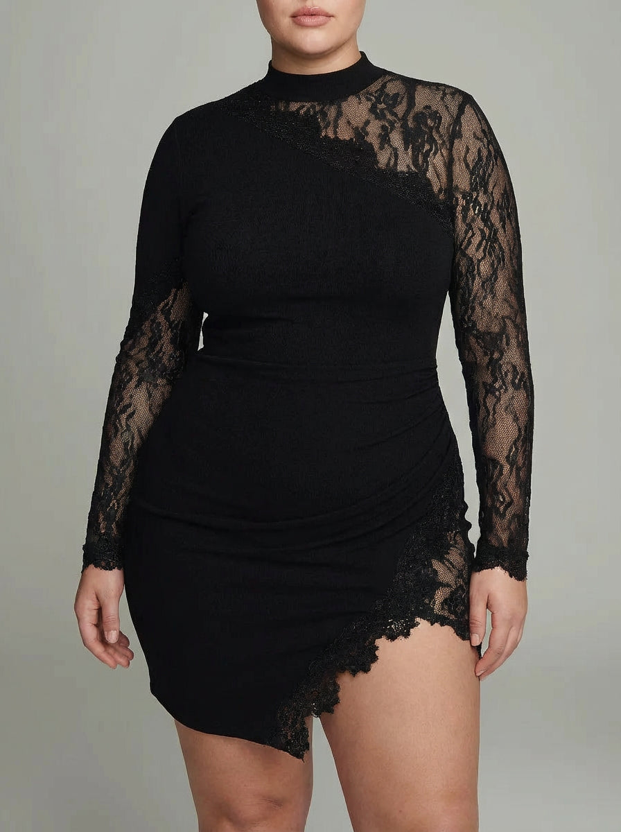 Elspeth | Sort Turtleneck Blonde Asymmetrisk Tulle Langærmet Mini Kjole