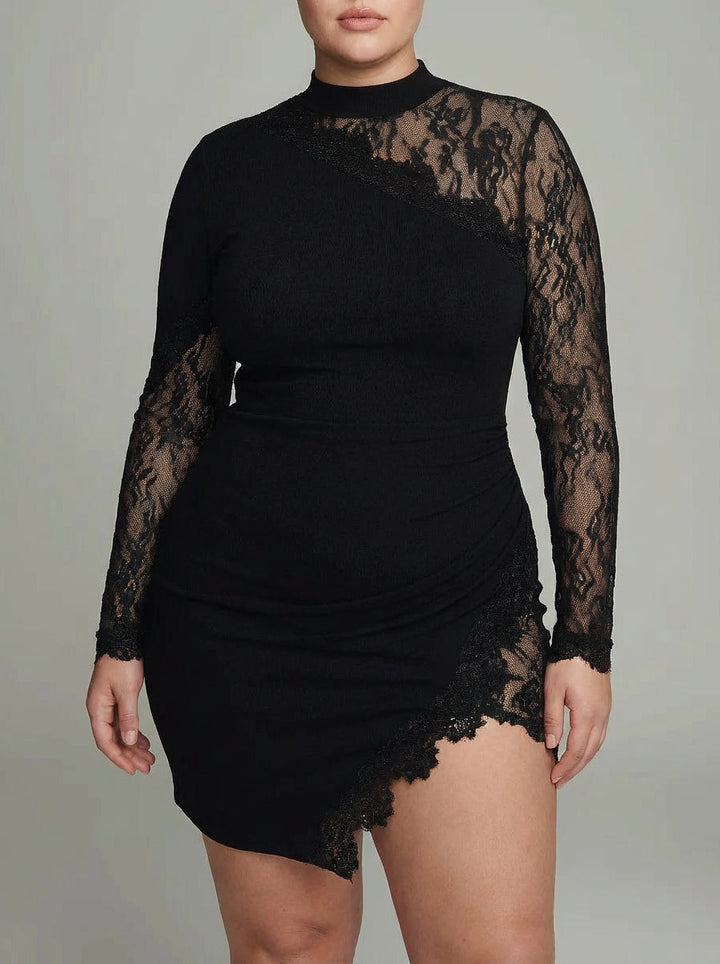 Elspeth | Sort Turtleneck Blonde Asymmetrisk Tulle Langærmet Mini Kjole