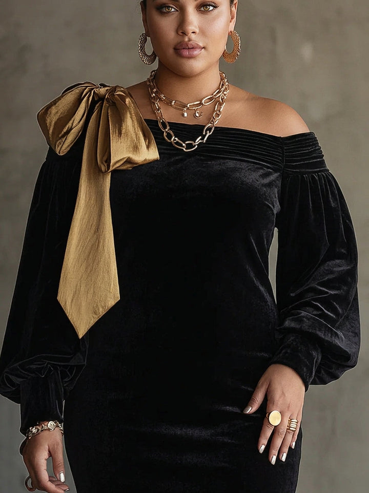 Sort Velvet og Guld Satin Patchwork Off-Shoulder Mini Kjole