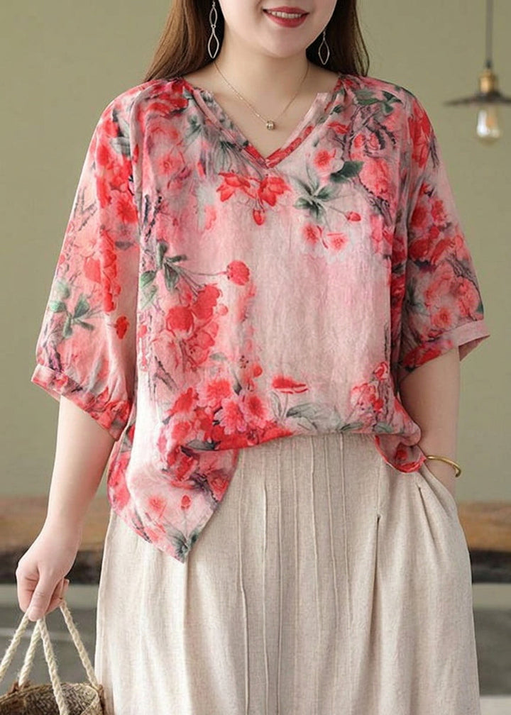Estelle - Boutique Pink V-Hals Print Løs Efterår Halværmet Bluser