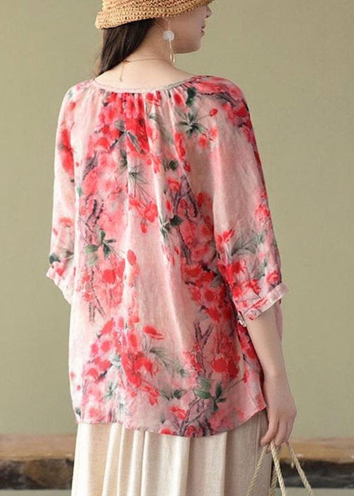 Estelle - Boutique Pink V-Hals Print Løs Efterår Halværmet Bluser