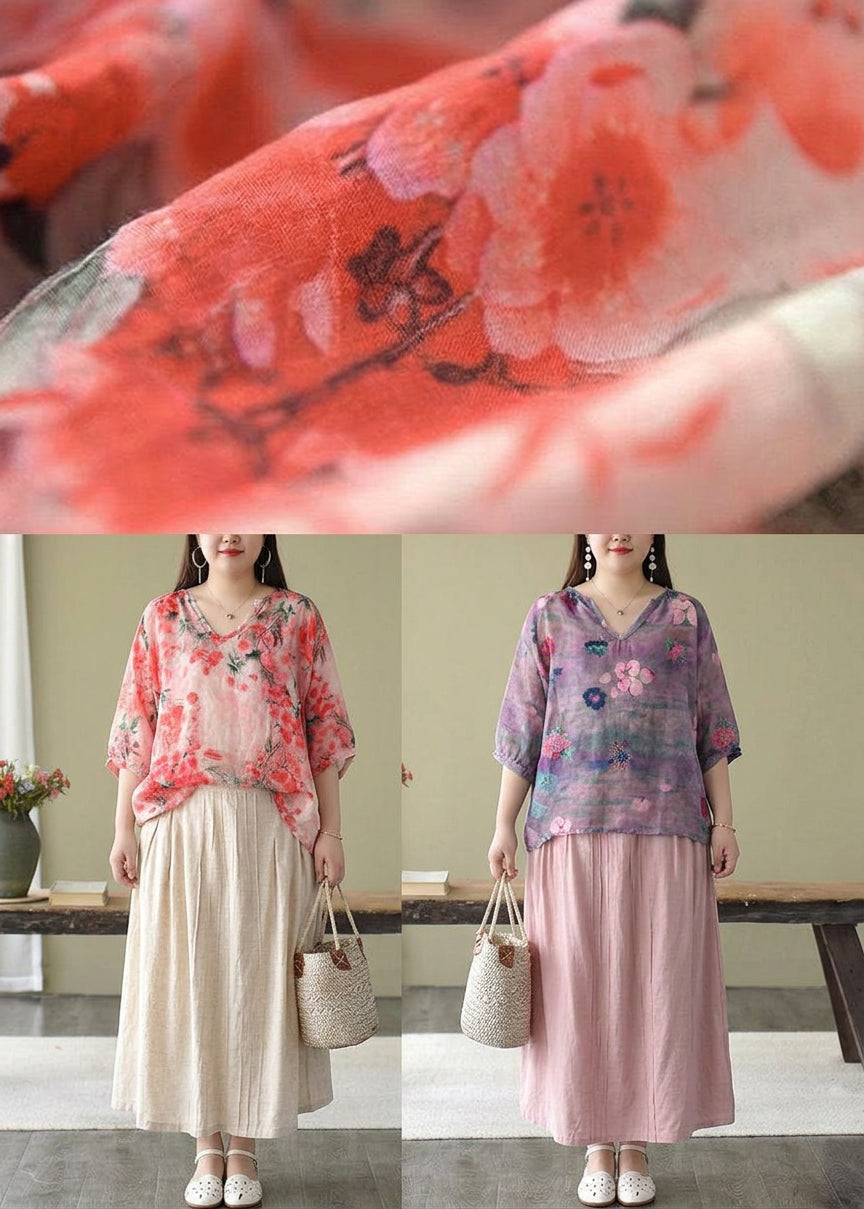 Estelle - Boutique Pink V-Hals Print Løs Efterår Halværmet Bluser