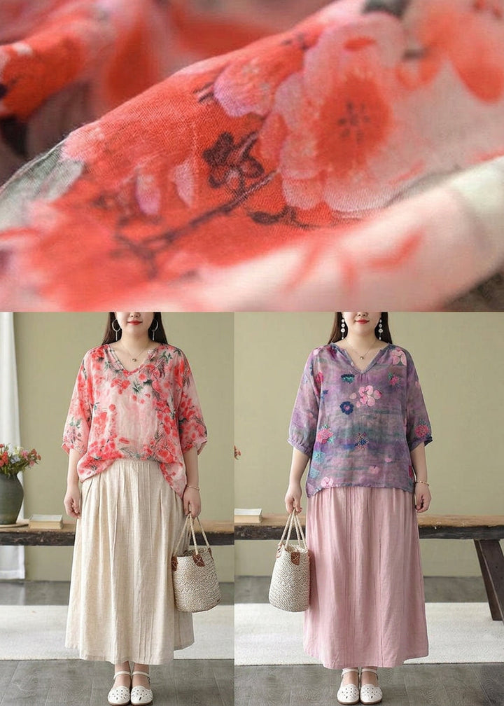 Estelle - Boutique Pink V-Hals Print Løs Efterår Halværmet Bluser