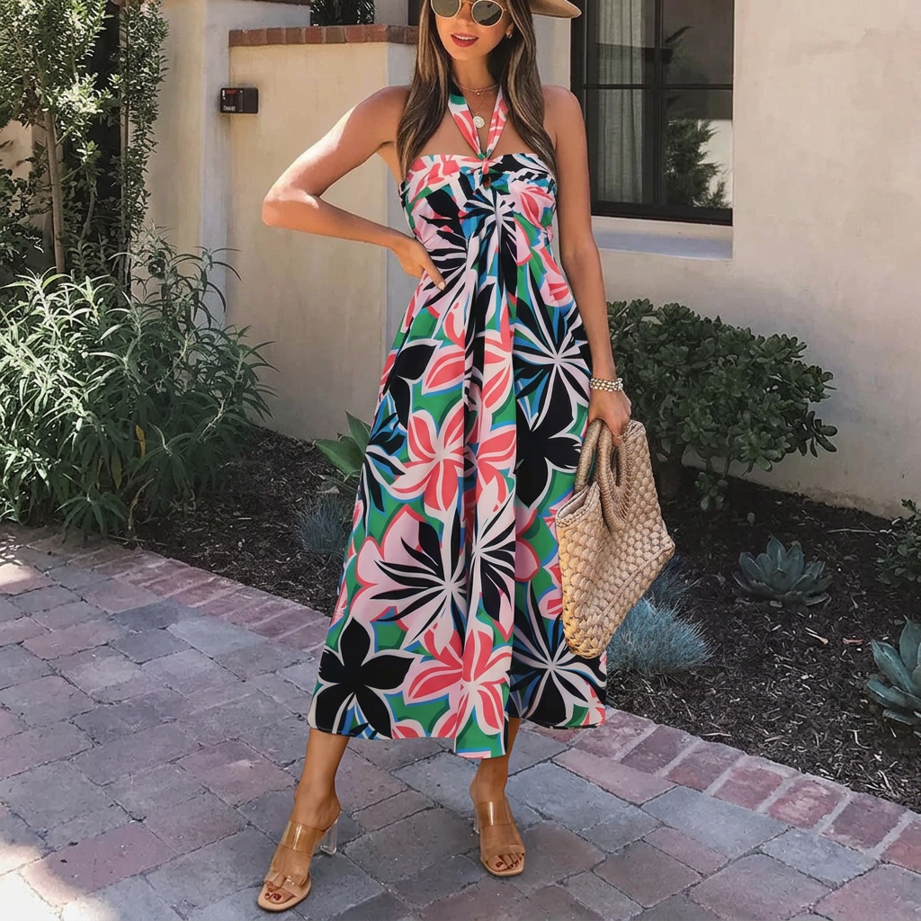 Calla - Tropisk Blomstret Halterneck Bredbenet Jumpsuit