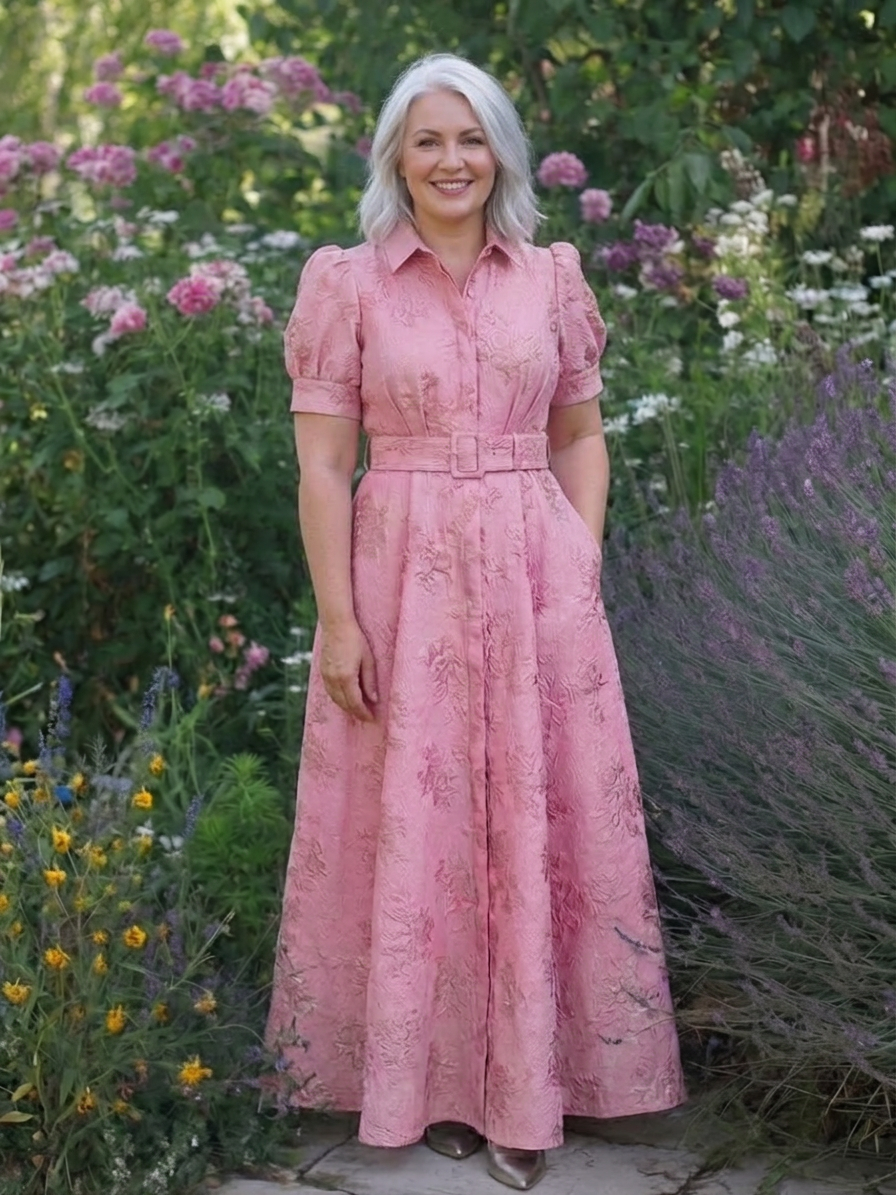 Lucienne | Maxikjole med kortærmer og bælte i blomsterstrik