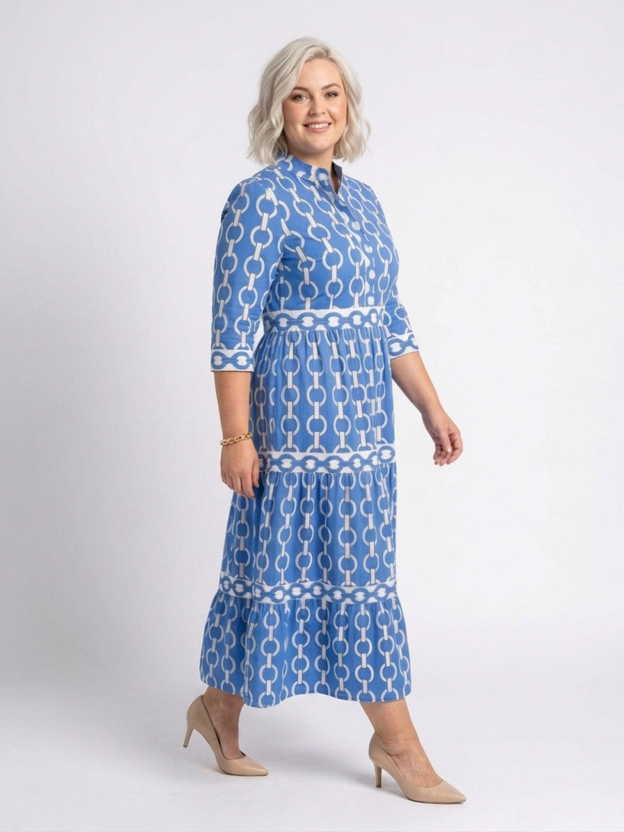 Tamsin | Midi Kjole med Trekvart Ærmer og Kædemønster