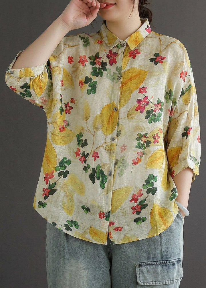 Galina - Elegant Print Peter Pan Krave Knap Sommer Linned Top Tre Kvart Ærme