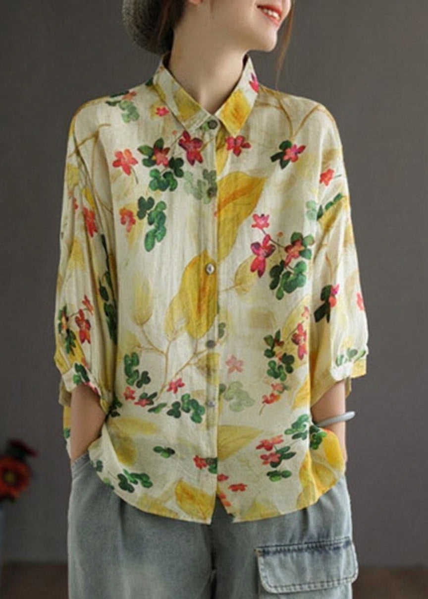 Galina - Elegant Print Peter Pan Krave Knap Sommer Linned Top Tre Kvart Ærme