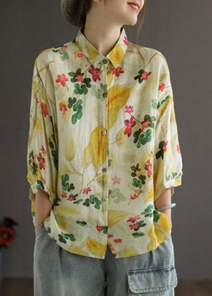Galina - Elegant Print Peter Pan Krave Knap Sommer Linned Top Tre Kvart Ærme