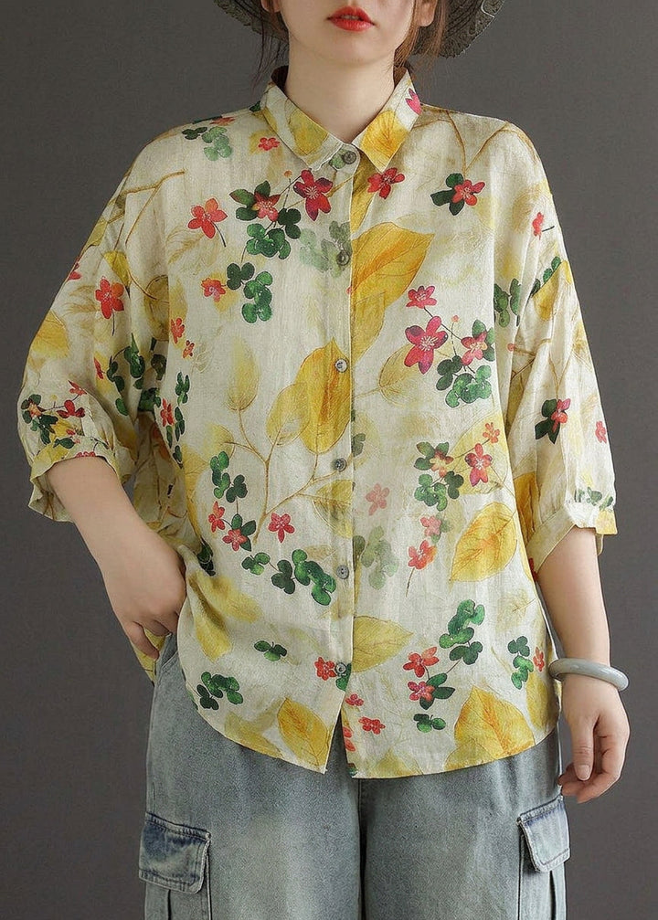 Galina - Elegant Print Peter Pan Krave Knap Sommer Linned Top Tre Kvart Ærme