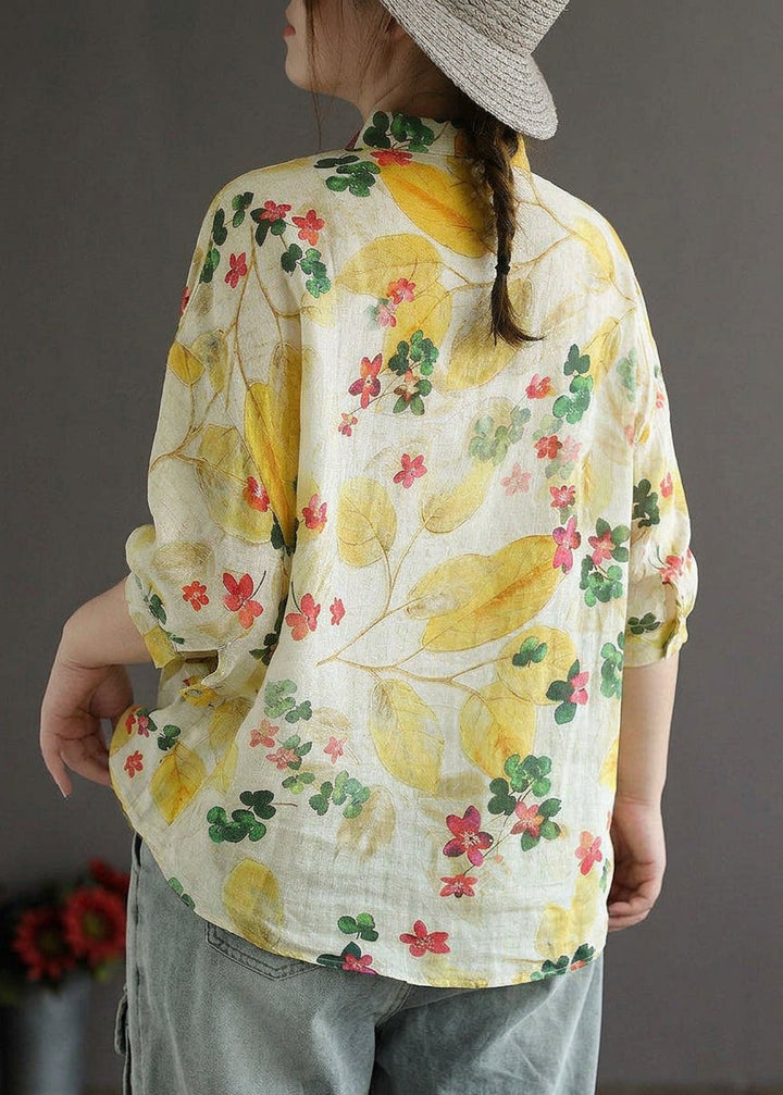 Galina - Elegant Print Peter Pan Krave Knap Sommer Linned Top Tre Kvart Ærme