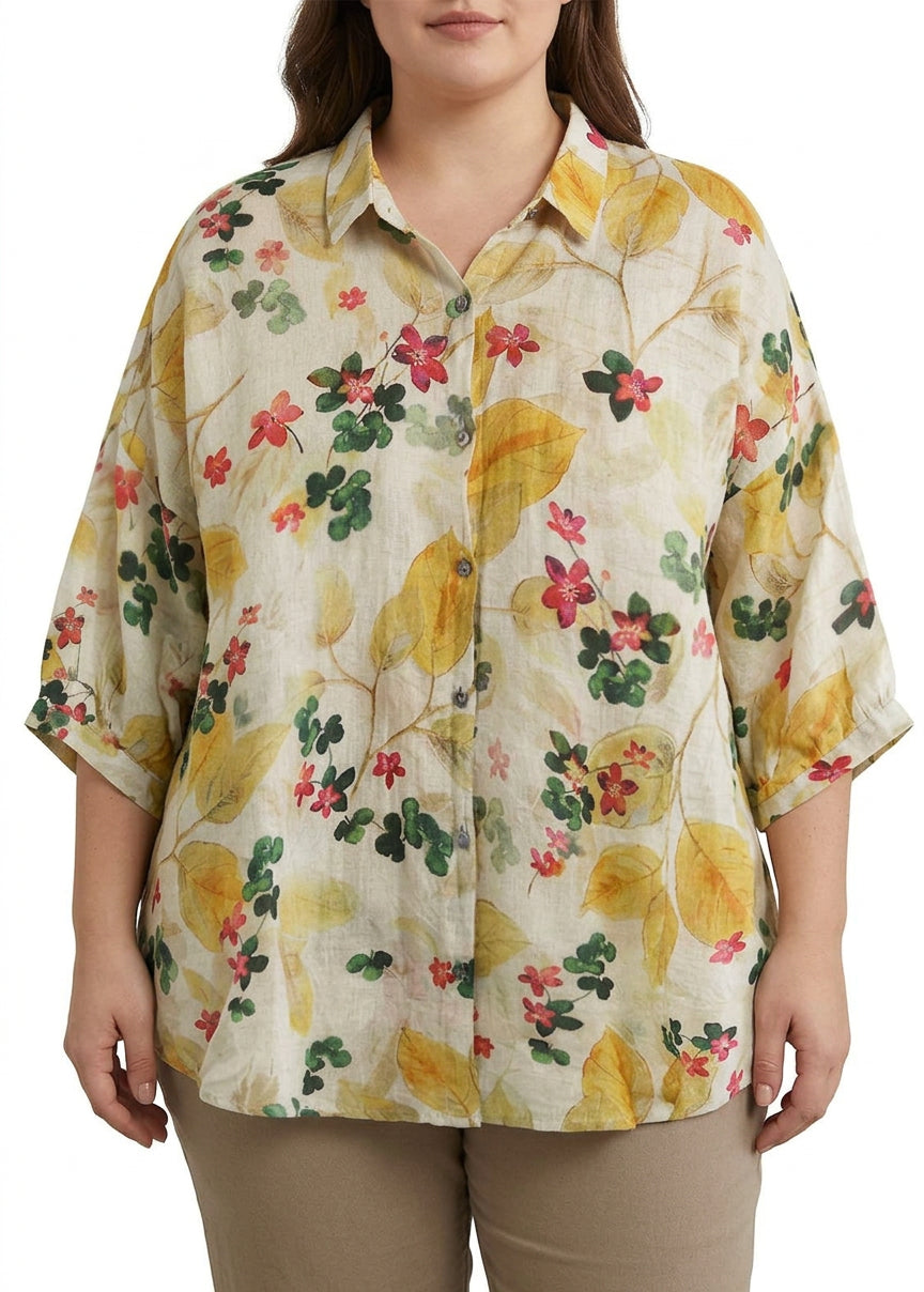 Galina - Elegant Print Peter Pan Krave Knap Sommer Linned Top Tre Kvart Ærme